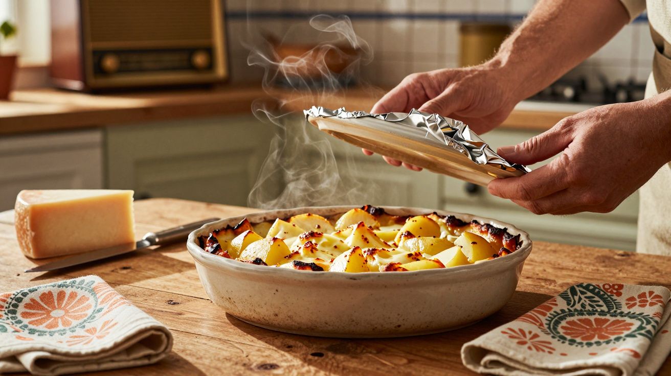 Pessoa a retirar tampa de pirex com batatas gratinadas fumegantes sobre mesa de madeira numa cozinha.