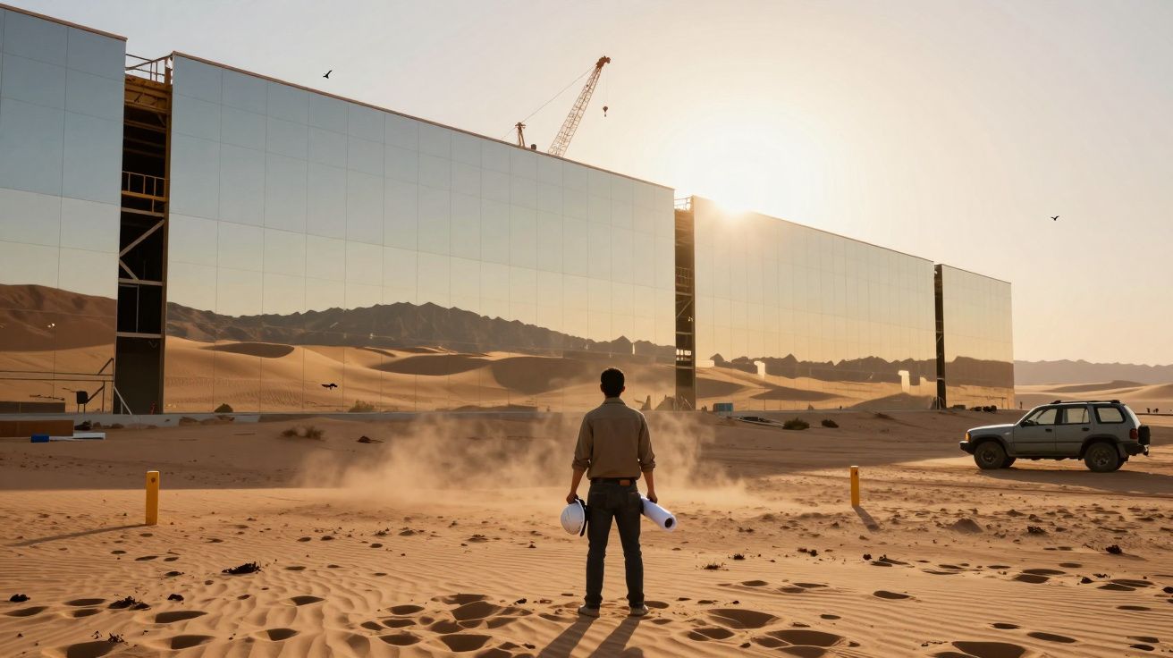 Homem de costas com capacete e plantas diante de estrutura espelhada num deserto ao pôr do sol.