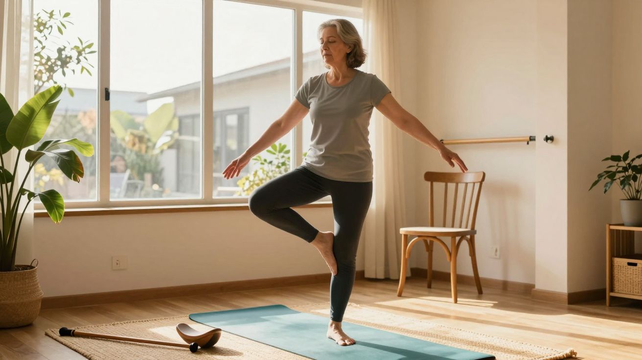 Mulher idosa a praticar yoga em casa numa sala iluminada com plantas e cadeira de madeira.