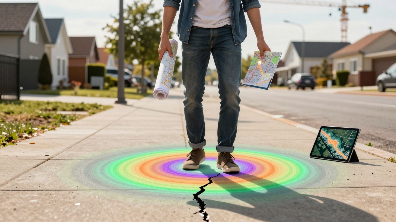 Pessoa de pé numa calçada com mapas nas mãos e tablet, olhando para uma racha no chão com efeito colorido.