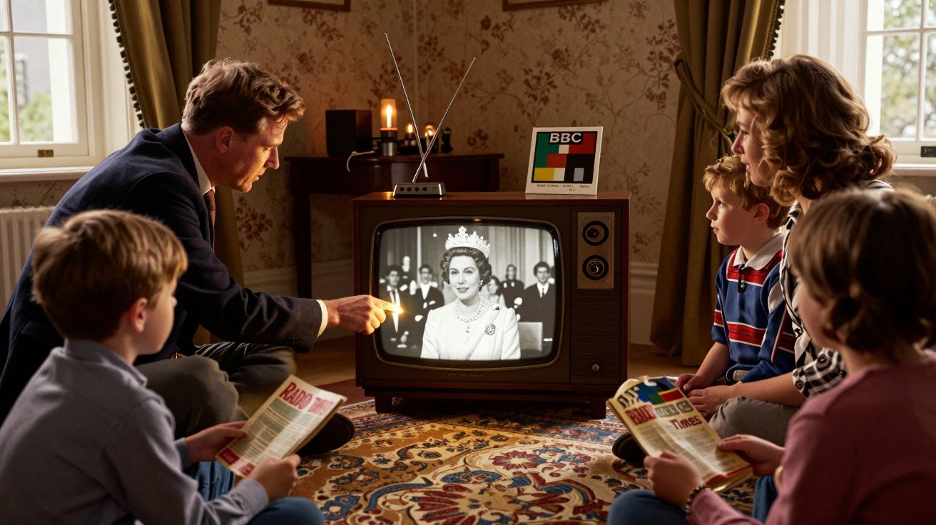 Família sentada à volta de televisão antiga a assistir a uma emissão em preto e branco da BBC com rainha.