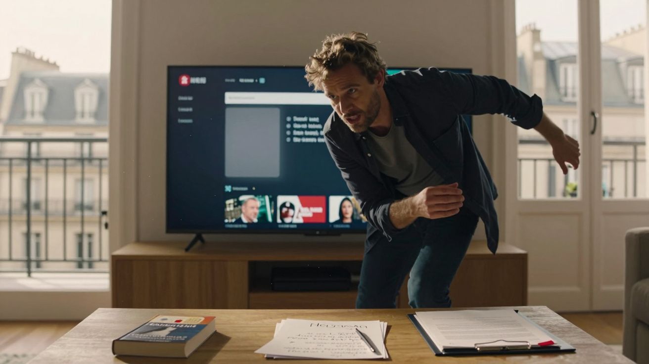 Homem curvado em ação numa sala com uma televisão ligada e documentos sobre a mesa à sua frente.