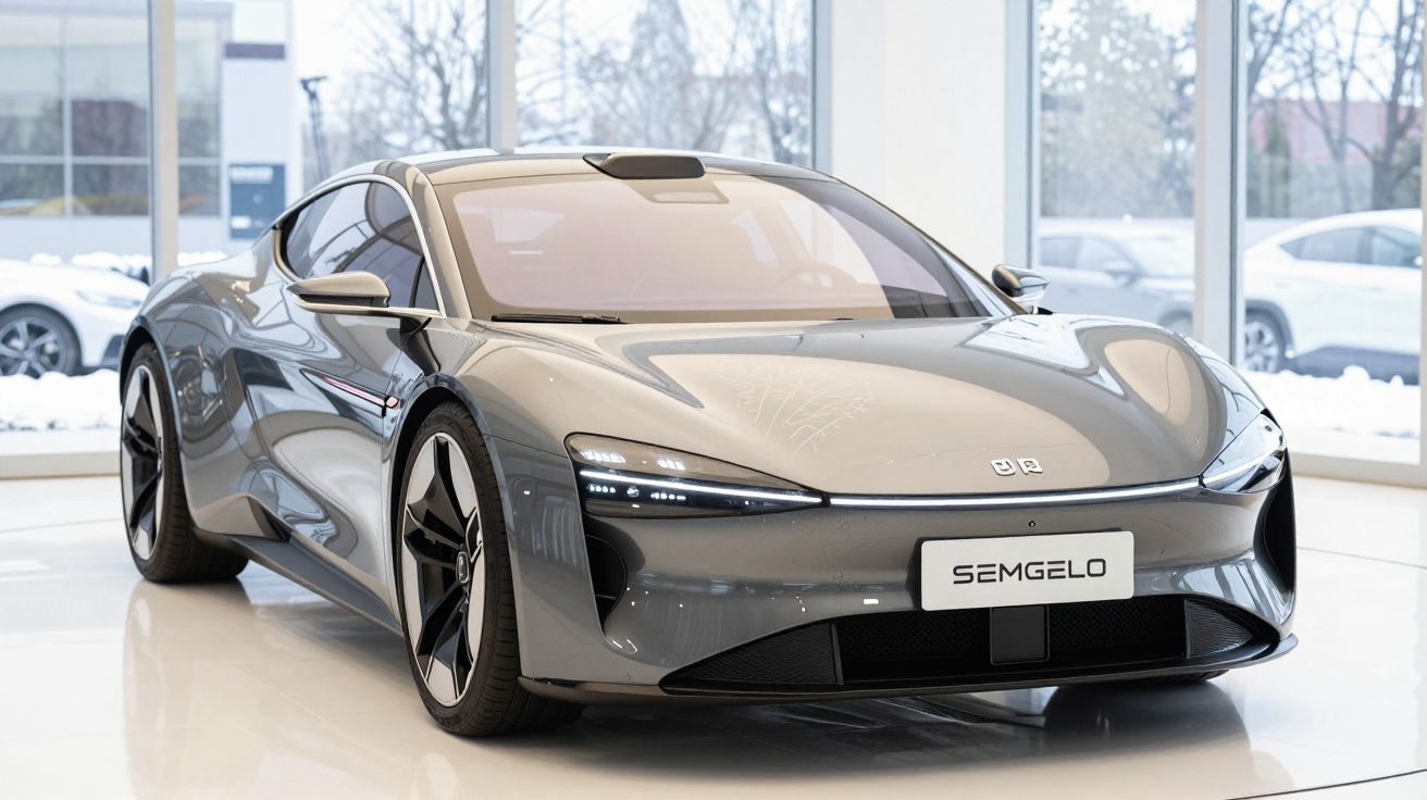 Carro desportivo elétrico cinza metálico estacionado em ambiente interior moderno e iluminado.