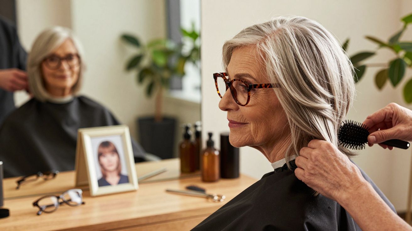 Mulher idosa com cabelo grisalho é penteada num salão de cabeleireiro, vestida com capa preta.