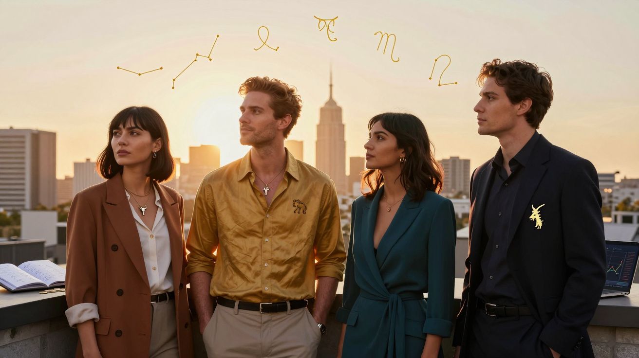 Quatro jovens vestidos de forma elegante, olhando para lados diferentes no telhado ao pôr do sol.