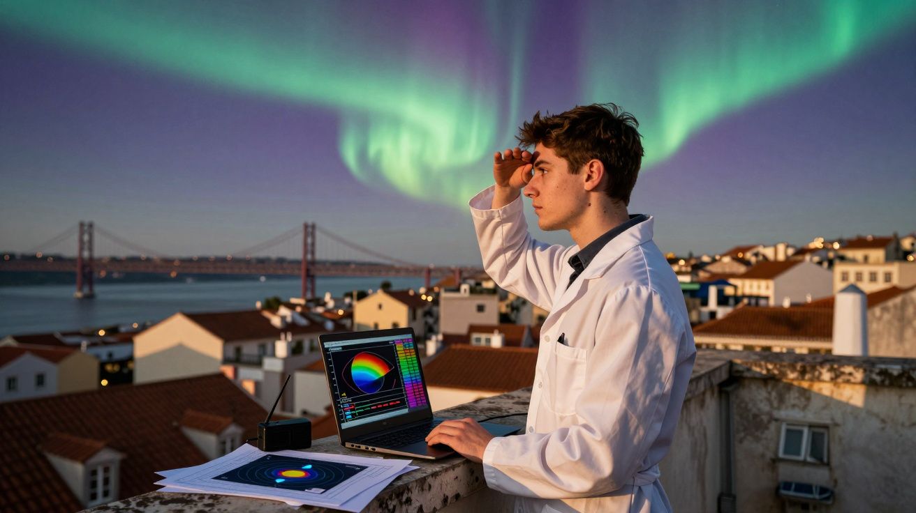 Jovem cientista observa aurora boreal sobre cidade com laptop e gráficos numa varanda ao entardecer.