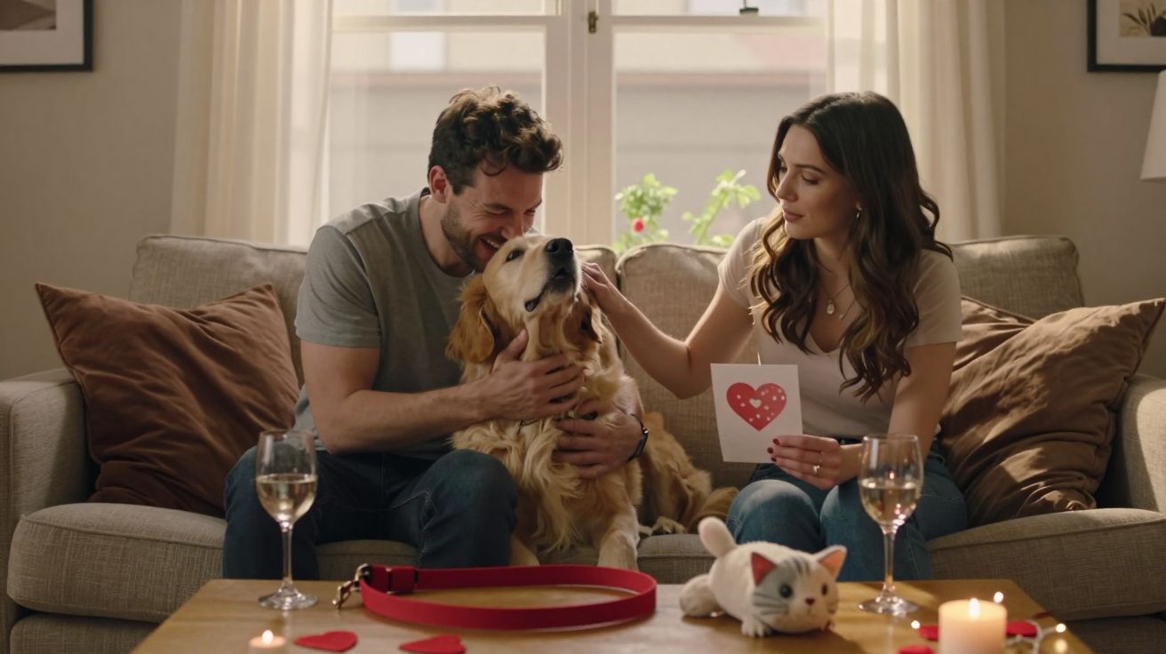 Casal sentado no sofá com cão, cartão de amor e decoração romântica na mesa à frente.