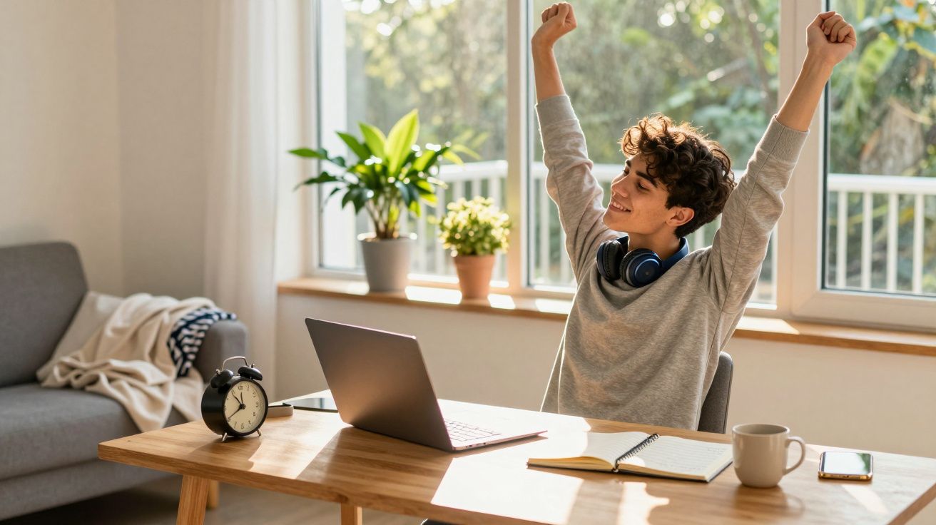 Jovem feliz a espreguiçar-se numa secretária com computador, caderno, relógio e chá, em ambiente luminoso.