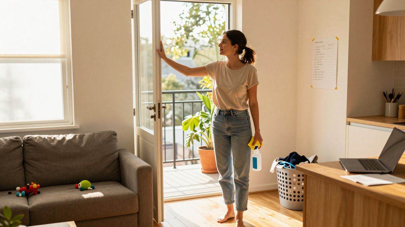 Mulher abre porta do terraço para arejar sala com sofá, rega planta e segura produtos de limpeza.