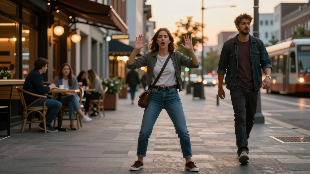 Mulher parada na rua com mãos levantadas a pedir ajuda, homem caminha ao lado, esplanada ao fundo ao entardecer.