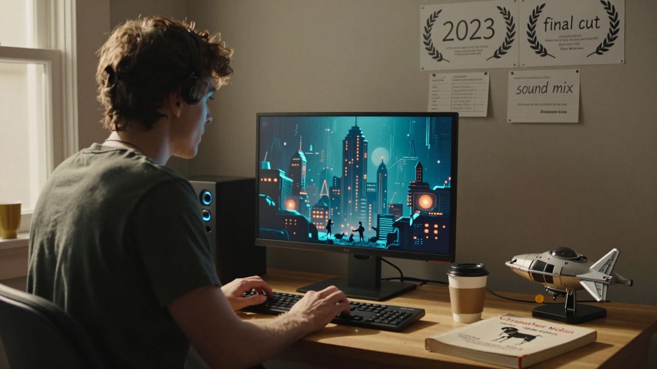 Jovem sentado ao computador a editar vídeo de cidade futurista, com livros e modelo de avião na secretária.