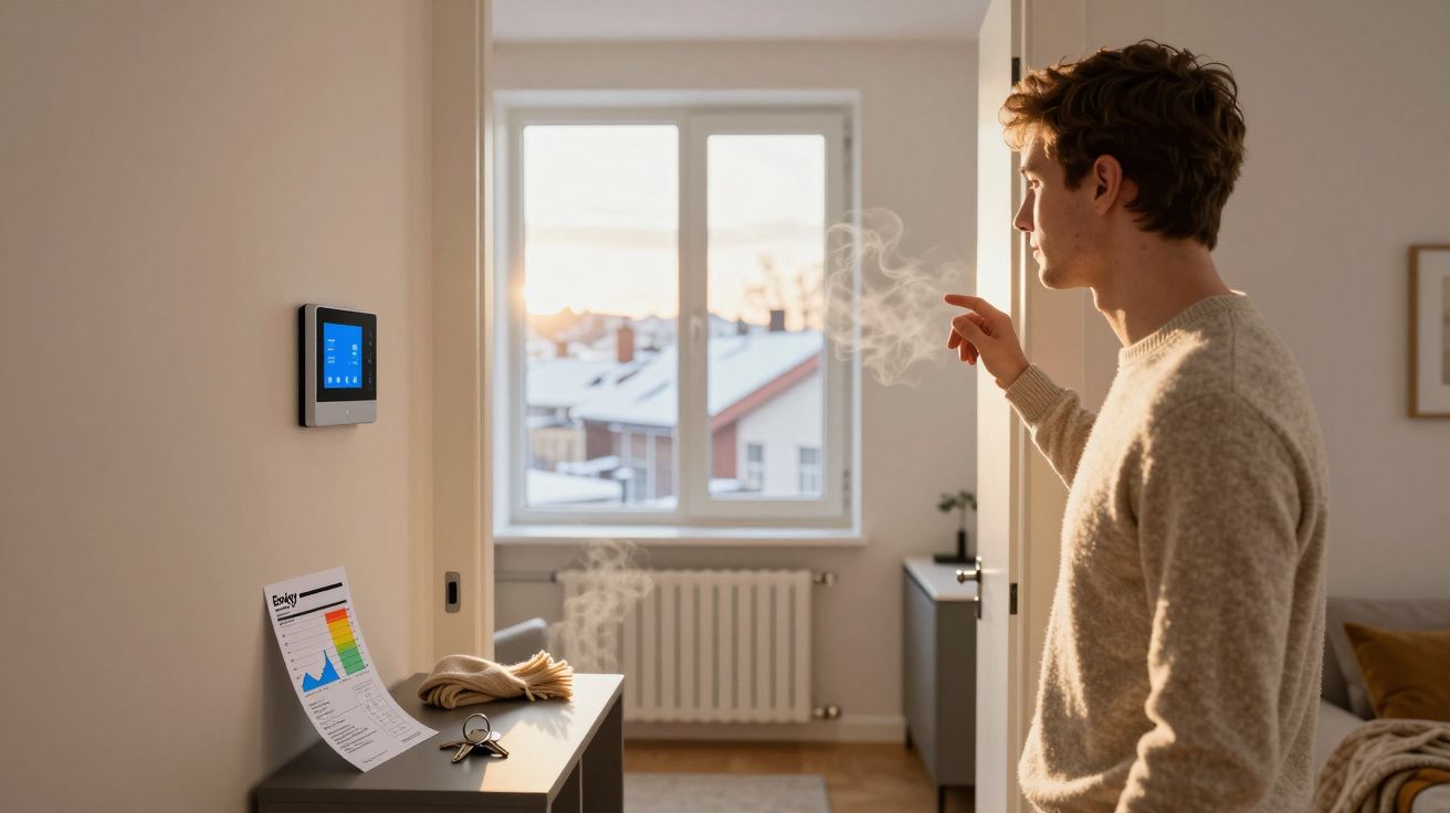 Homem ajusta termóstato numa sala com janela e aquecedor central ao pôr do sol.