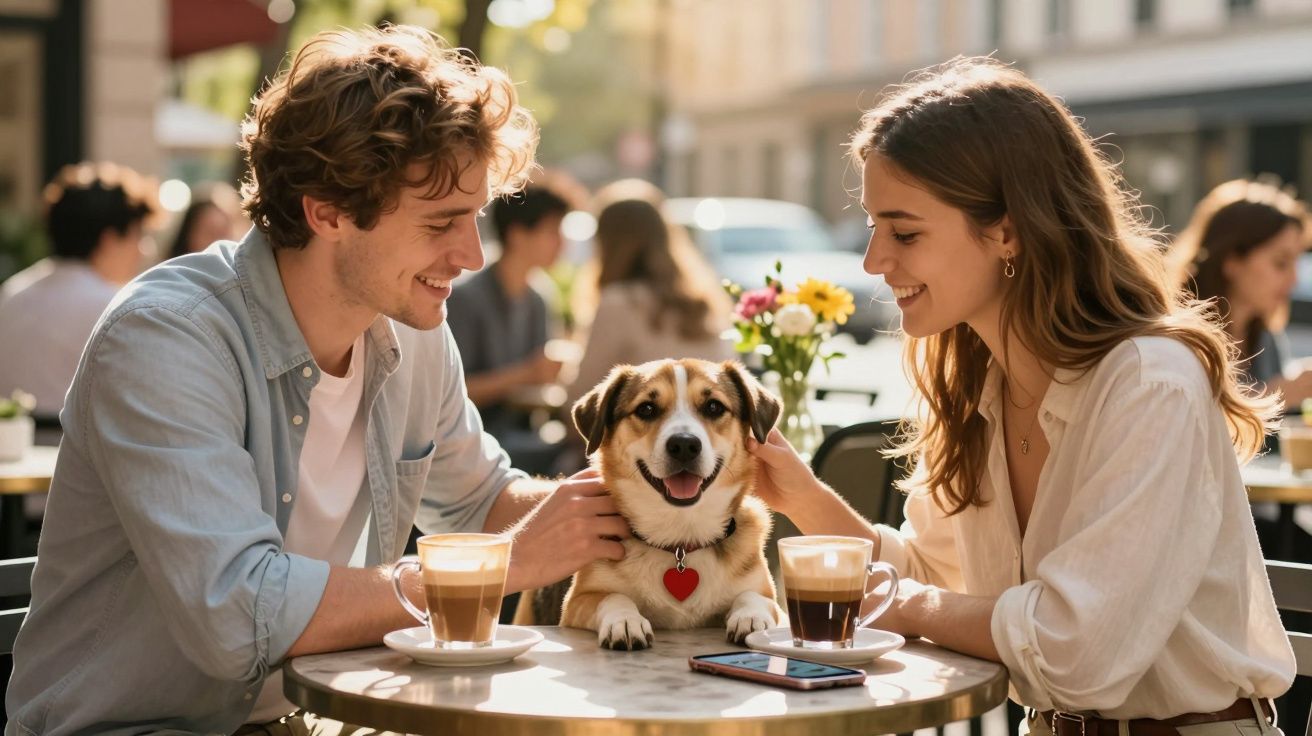 Casal feliz sentado numa esplanada a acariciar um cão com um colar vermelho no pescoço.