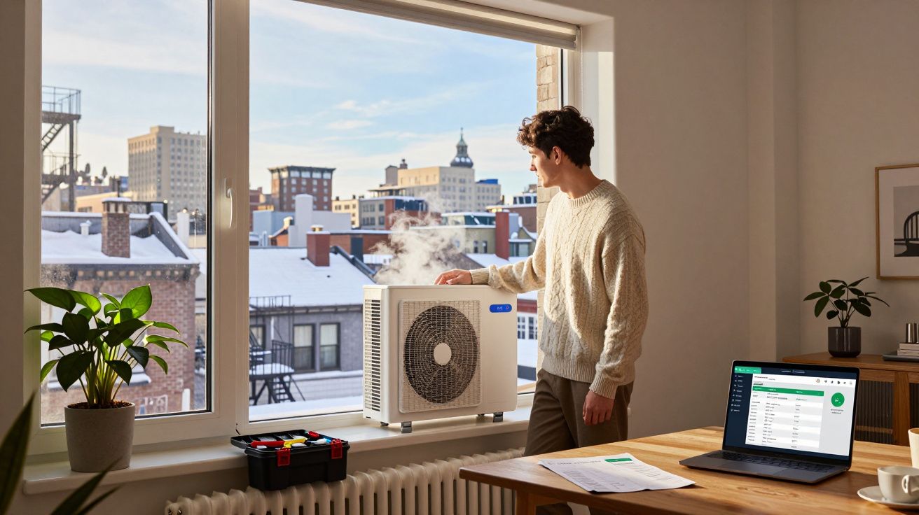 Homem a verificar equipamento de ar condicionado na janela com vista para cidade coberta de neve.