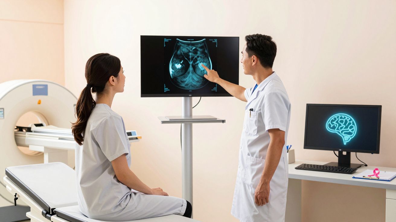 Médico explica exame de imagem a colega no consultório, com aparelho de ressonância magnética ao fundo.