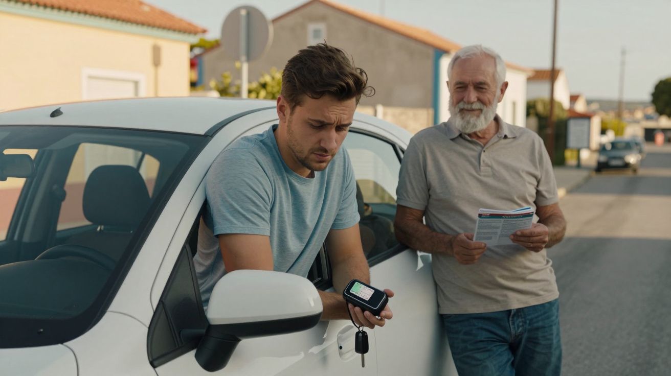 Homem jovem preocupado com dispositivo de medição no carro, homem idoso a explicar com folheto.