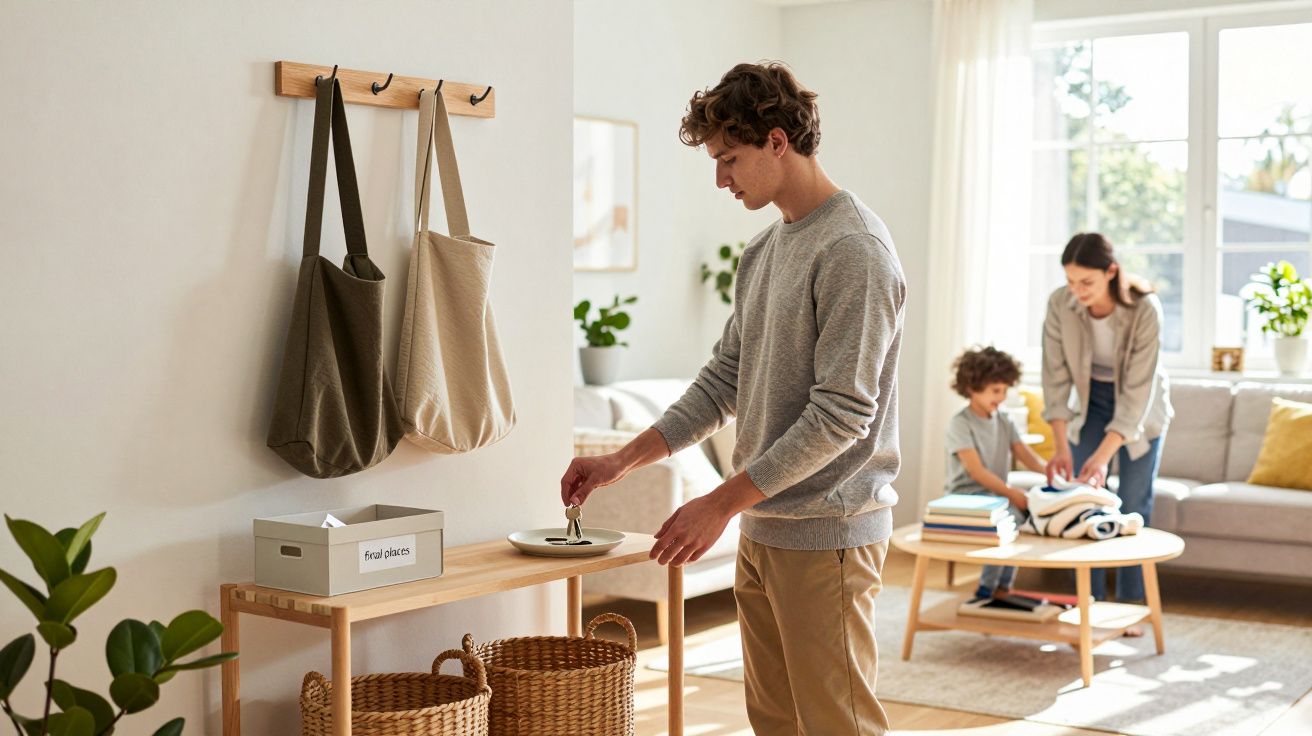 Homem a pendurar chaves na entrada de casa enquanto criança e mulher arrumam roupas na sala iluminada.