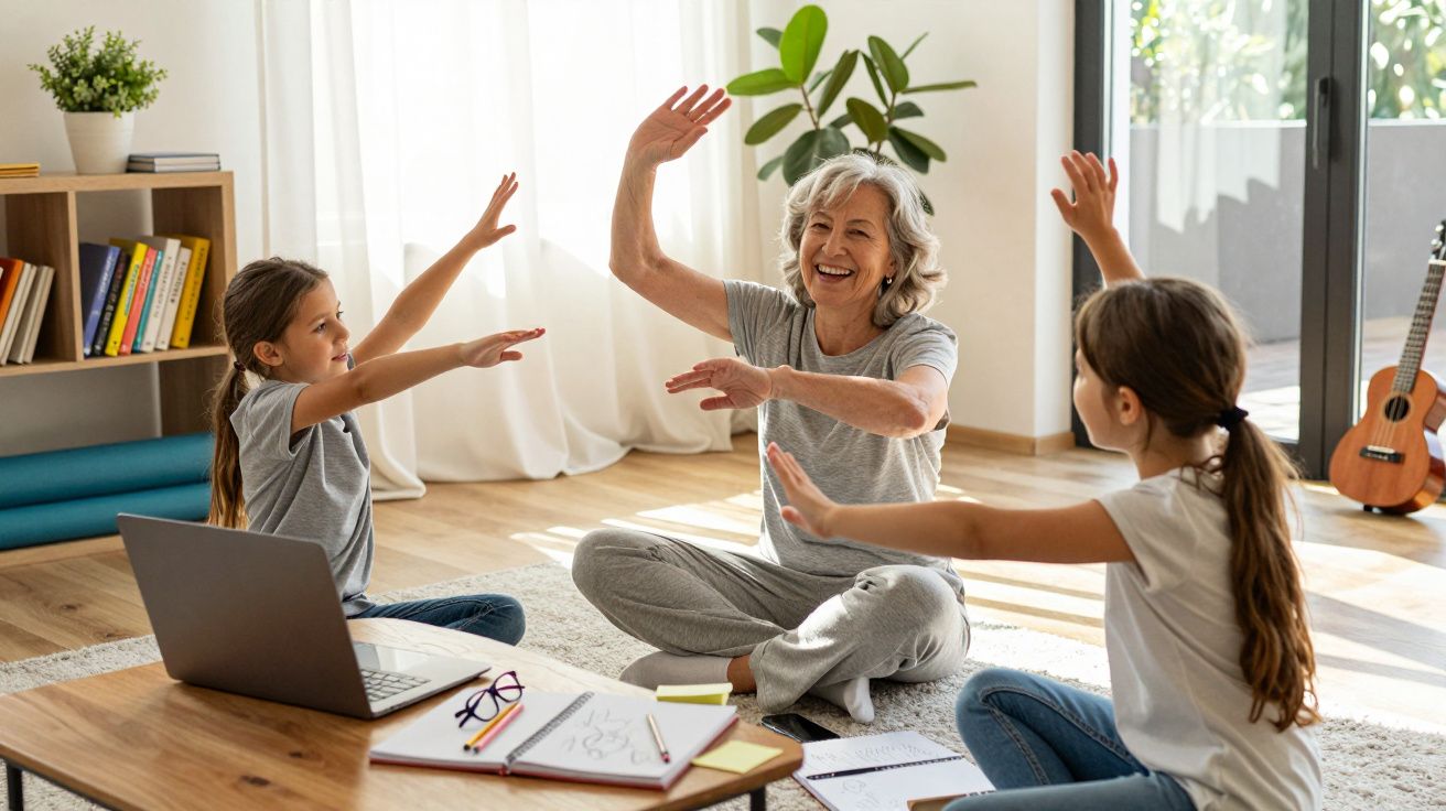 Mulher idosa e duas meninas sentadas no chão a fazer exercício e sorrir numa sala luminosa.