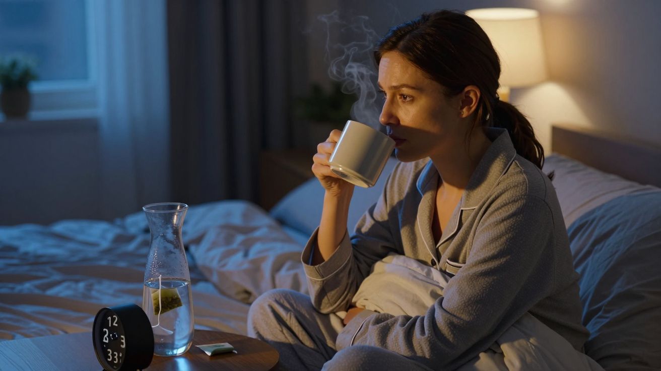 Mulher sentada na cama a beber chá quente com uma jarra de água e relógio na mesa ao lado.