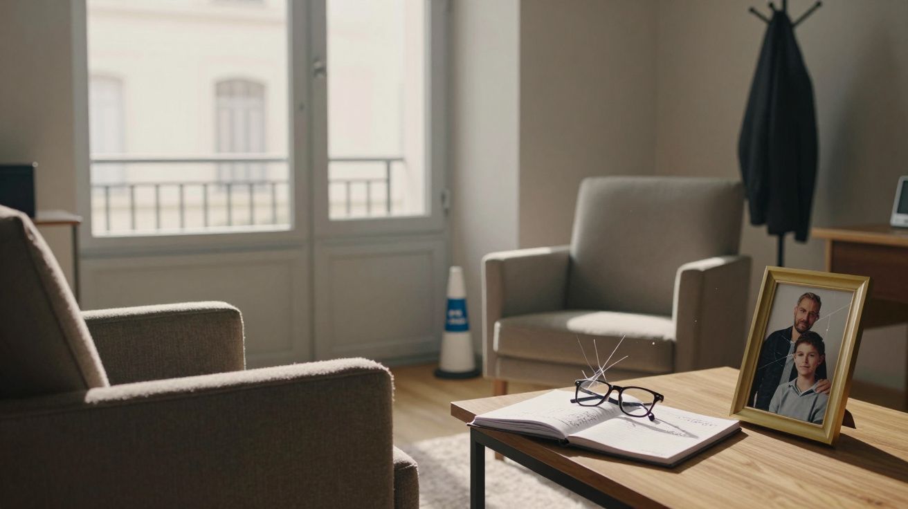 Sala de estar com poltronas, janela, mesa com óculos, caderno aberto e moldura com fotografia de duas pessoas.