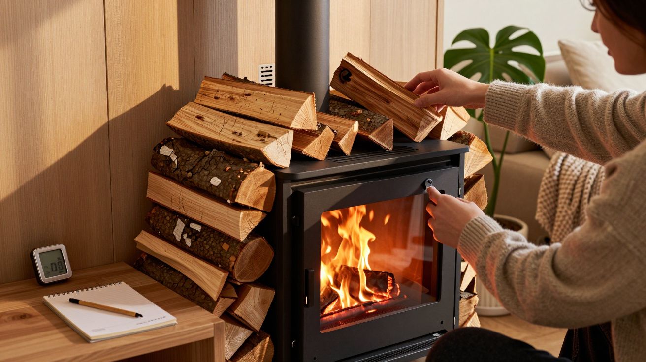 Pessoa acende lareira a lenha dentro de casa, com lenha empilhada e planta ao fundo.