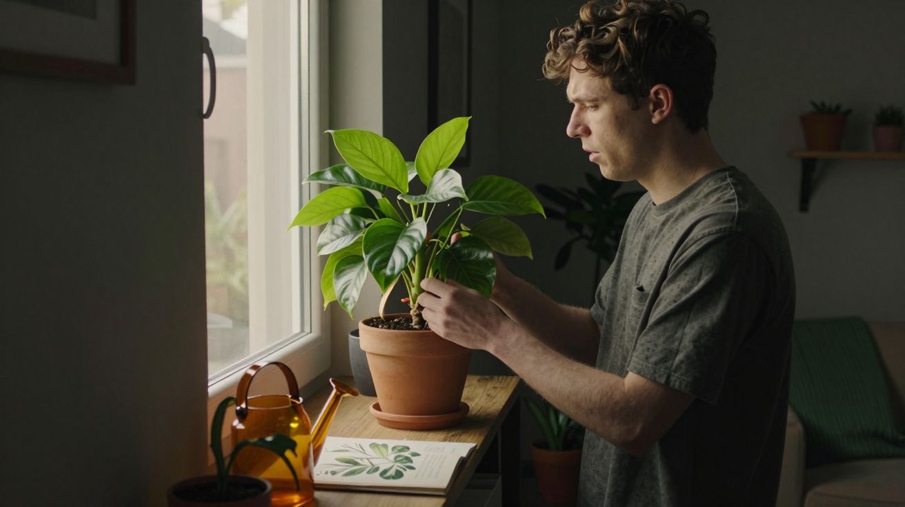 Homem cuida de planta em vaso junto à janela numa sala com iluminação natural.