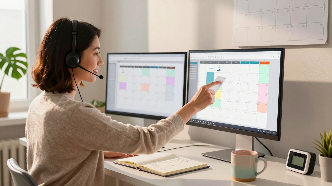 Mulher com auscultadores a apontar para calendário num ecrã duplo enquanto trabalha num escritório em casa.