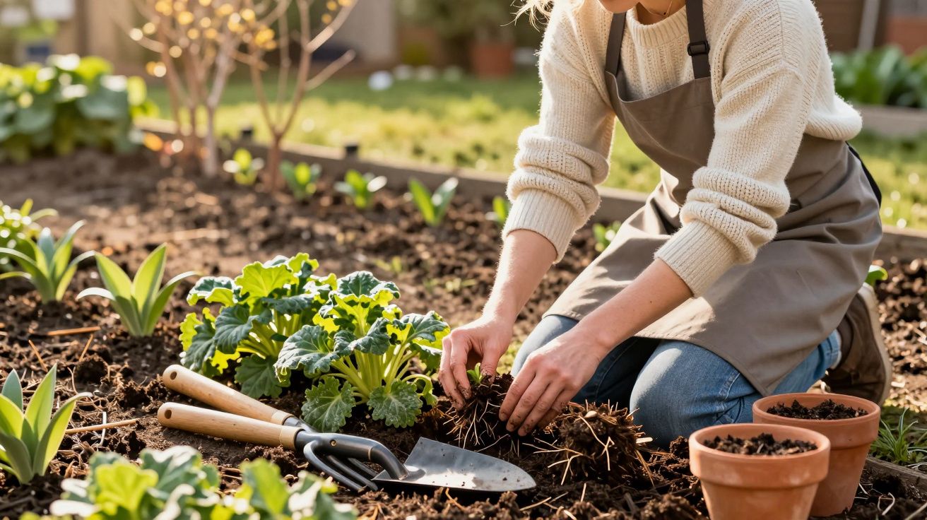 Pessoa a plantar vegetação num jardim com ferramentas de jardinagem ao lado e vasos de barro vazios.