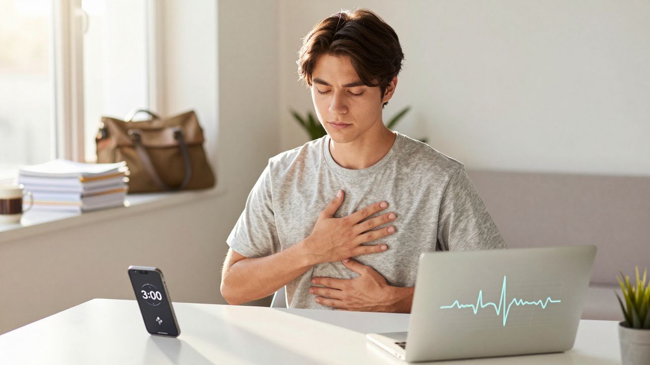 Jovem com camiseta cinza sentado à mesa, segurando o peito com expressão de desconforto.
