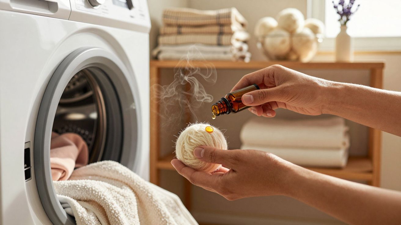 Mãos a aplicar óleo perfumado em bola de lã para aromatizar roupa perto de máquina de lavar roupa aberta.