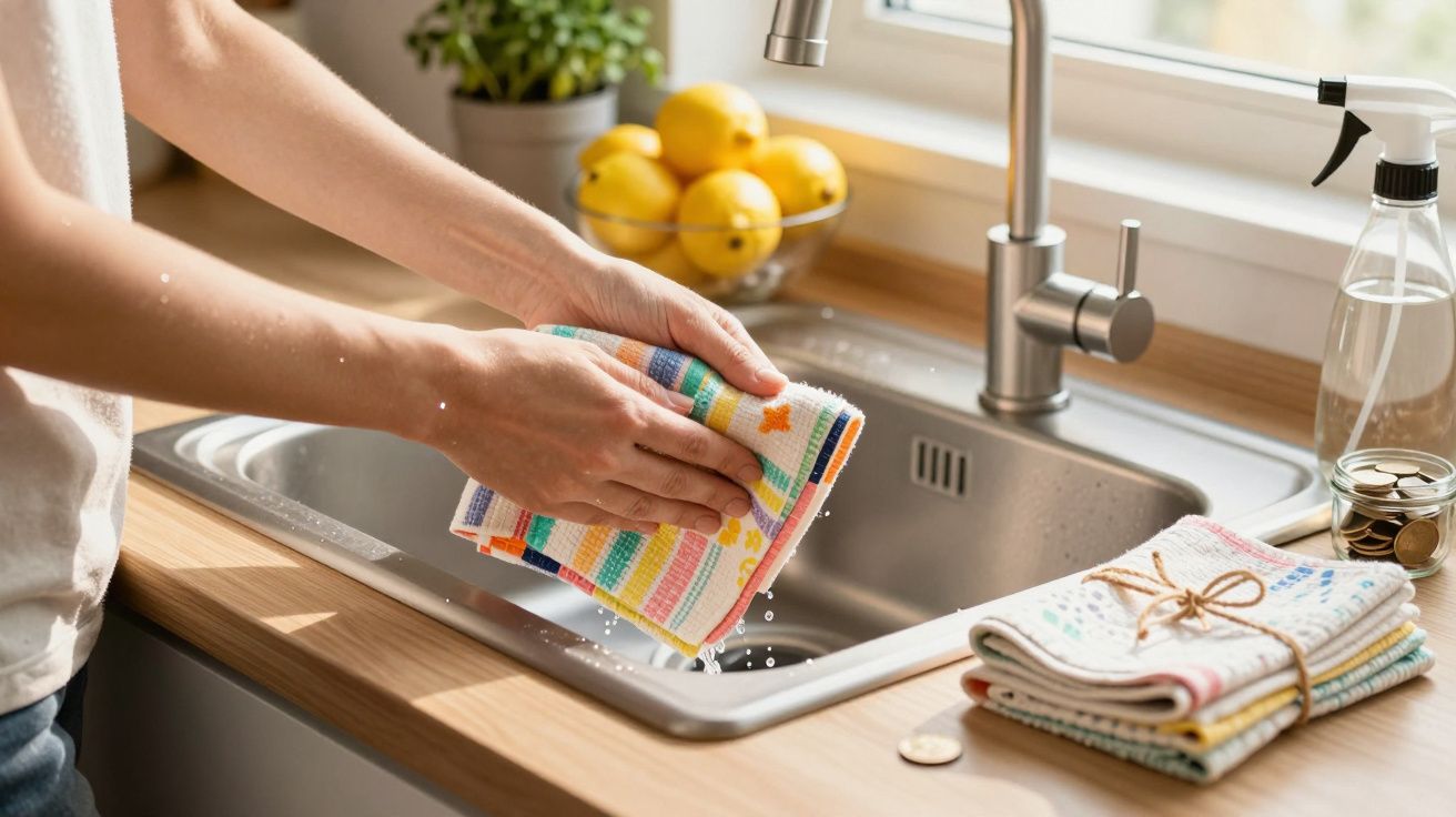 Pessoa a torcer um pano colorido sobre uma pia numa cozinha iluminada por luz natural.