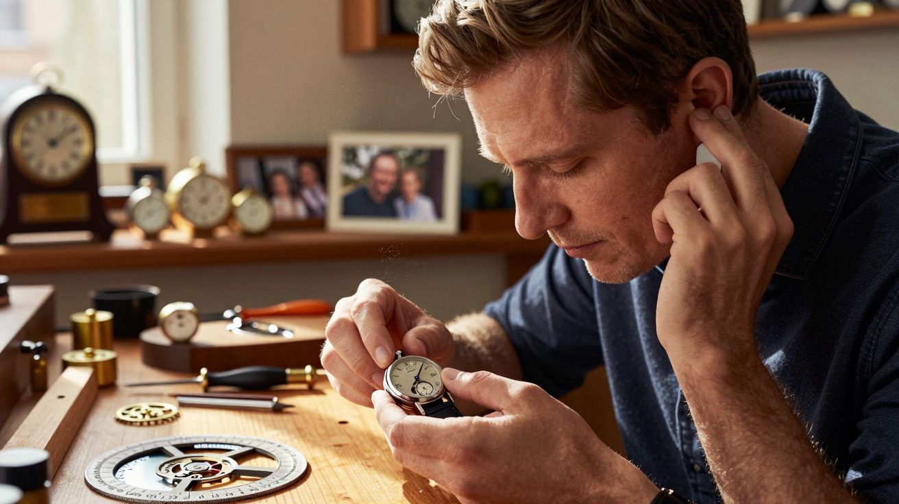 Homem concentrado a reparar um relógio vintage num atelier com várias ferramentas e relógios antigos.