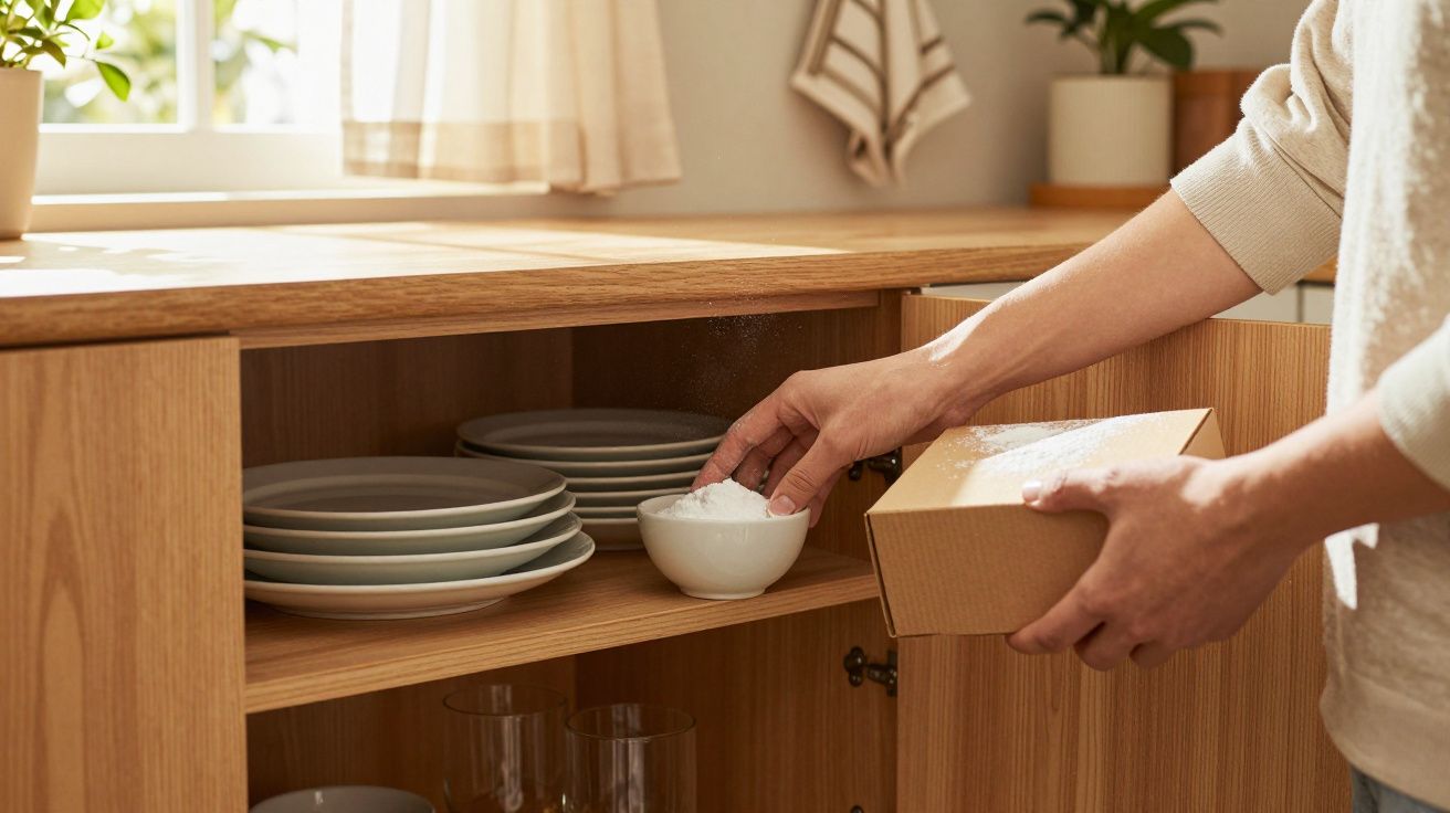 Pessoa a polvilhar farinha em tacinha dentro de armário de cozinha com pratos e copos.