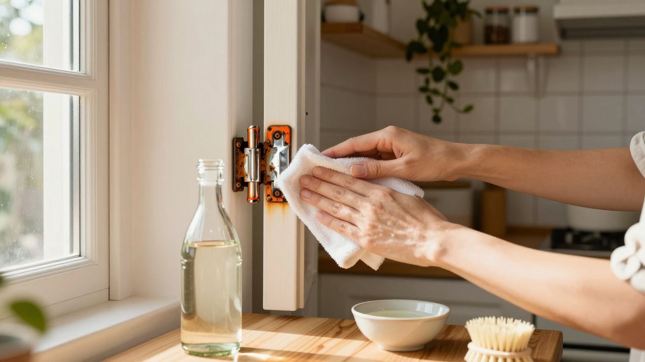 Pessoa a limpar a dobradiça de uma porta de madeira com um pano branco numa cozinha iluminada.
