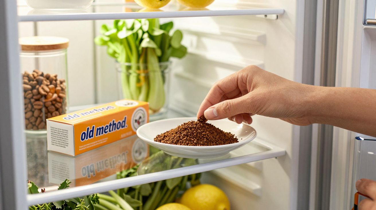 Mão a pegar grãos castanhos em prato dentro de frigorífico com vegetais e embalagem old method.