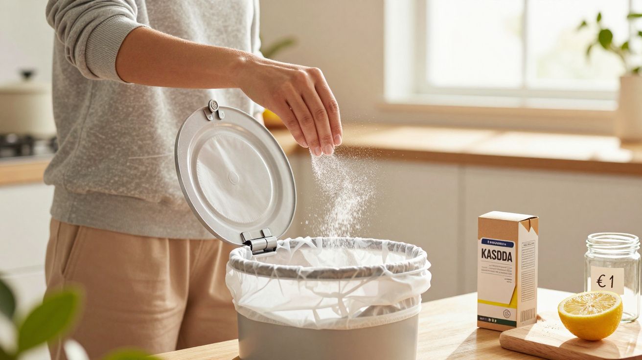 Pessoa a deitar bicarbonato de sódio num recipiente de cozinha com tampa aberta numa bancada iluminada.
