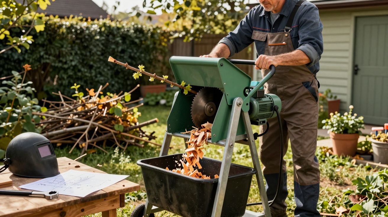 Homem a processar galhos numa trituradora elétrica no jardim, com equipamento e plantas ao redor.