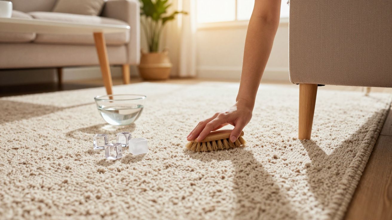 Mão a limpar tapete bege com escova ao lado de cubos de gelo e uma tigela com água numa sala luminosa.