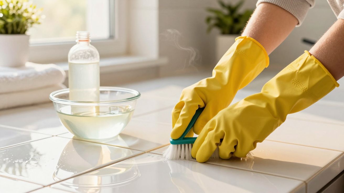 Mãos com luvas amarelas a esfregar azulejos brancos com escova, ao lado de recipiente com líquido de limpeza.