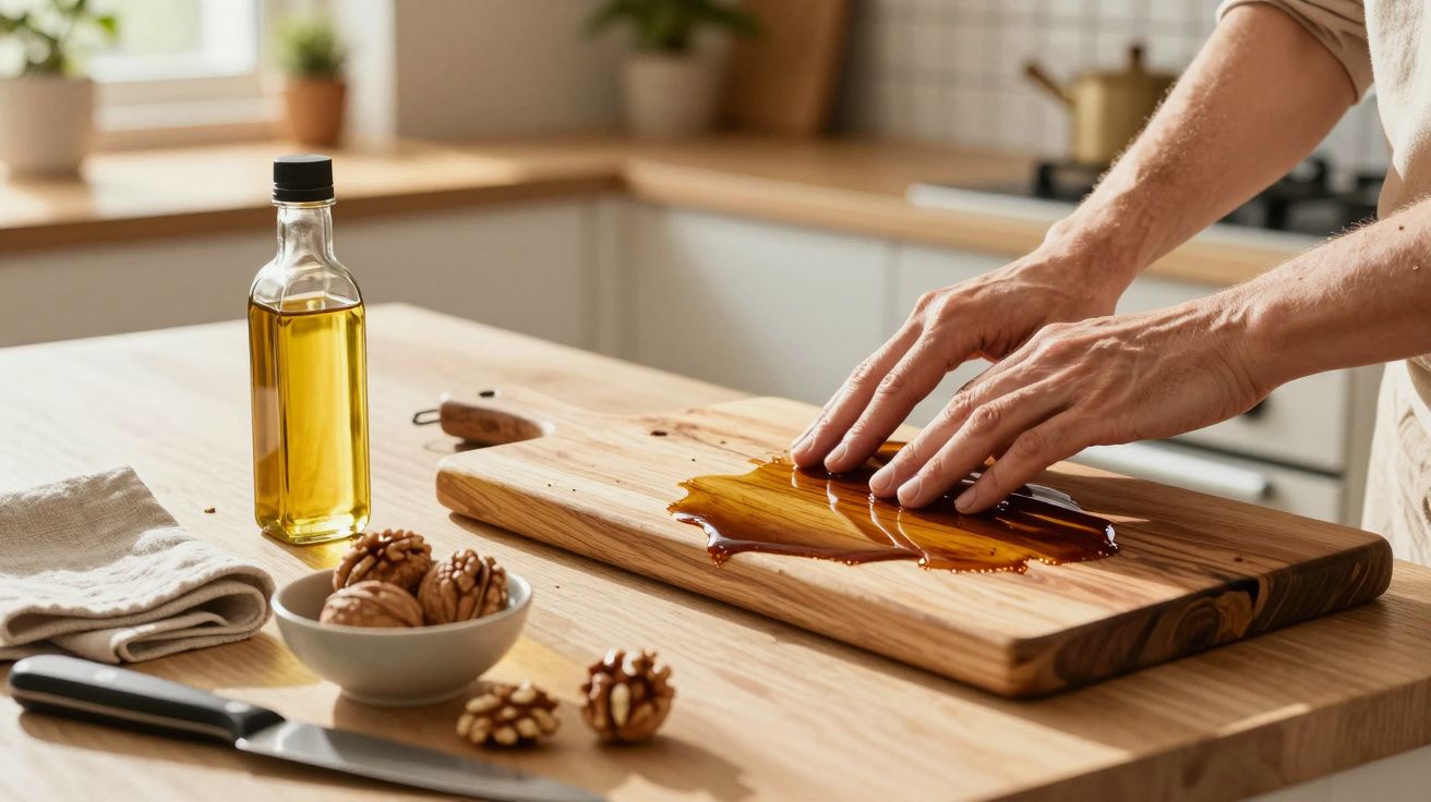 Mãos estendendo azeite numa tábua de madeira numa cozinha moderna com nozes e faca na bancada.