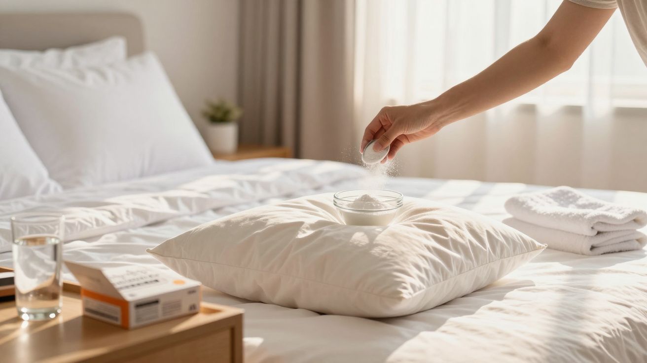 Mão de pessoa a colocar pó branco num recipiente sobre almofada numa cama, com luz natural e objetos ao lado.