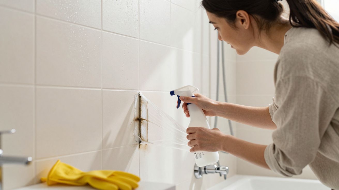 Mulher a pulverizar produto para limpeza num azulejo com manchas de bolor num ambiente de casa de banho.