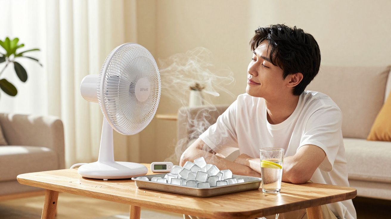 Homem sentado a desfrutar do ar fresco de um ventilador com cubos de gelo num tabuleiro à frente numa sala iluminada.