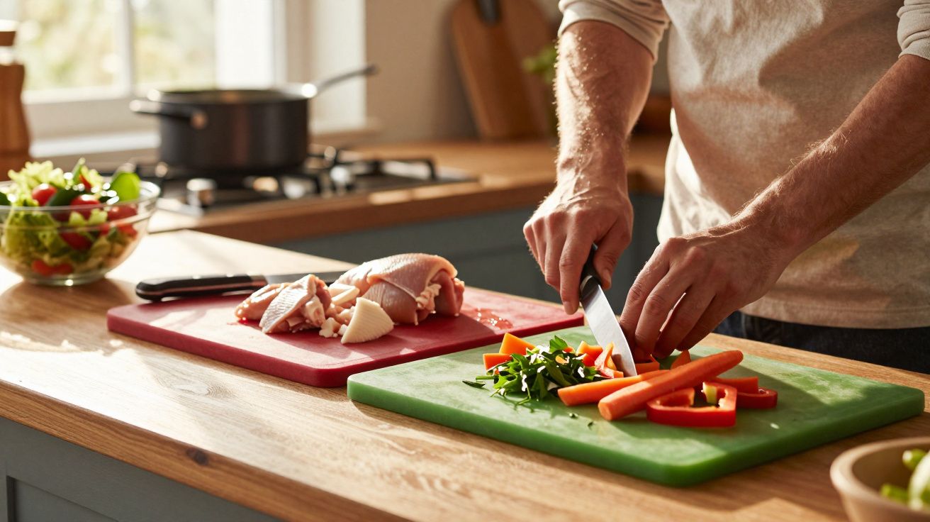 Pessoa a cortar vegetais numa tábua verde com frango numa tábua vermelha numa cozinha luminosa.