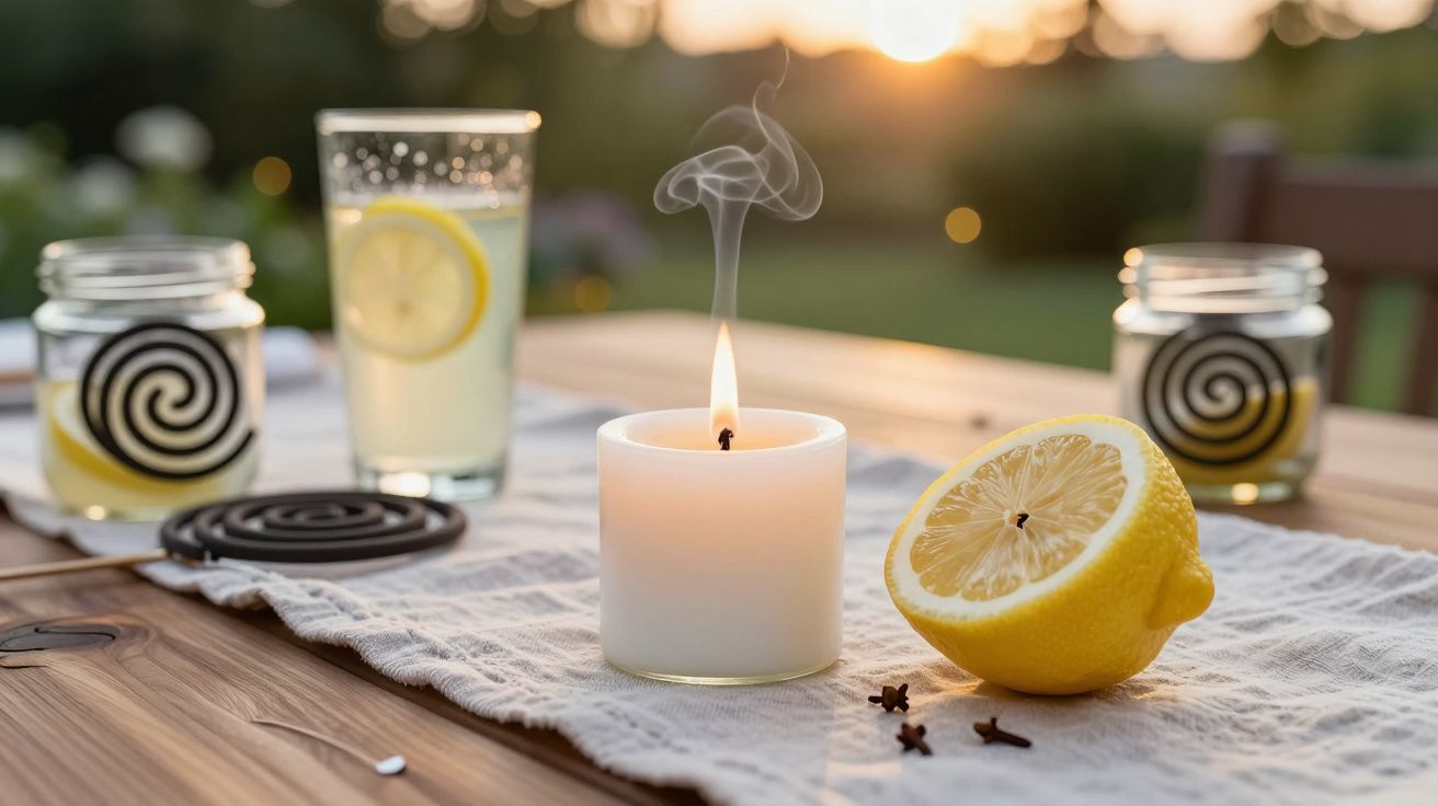 Vela branca a arder com limão cortado, cravos e copo com bebida de limão numa mesa de madeira ao pôr do sol.