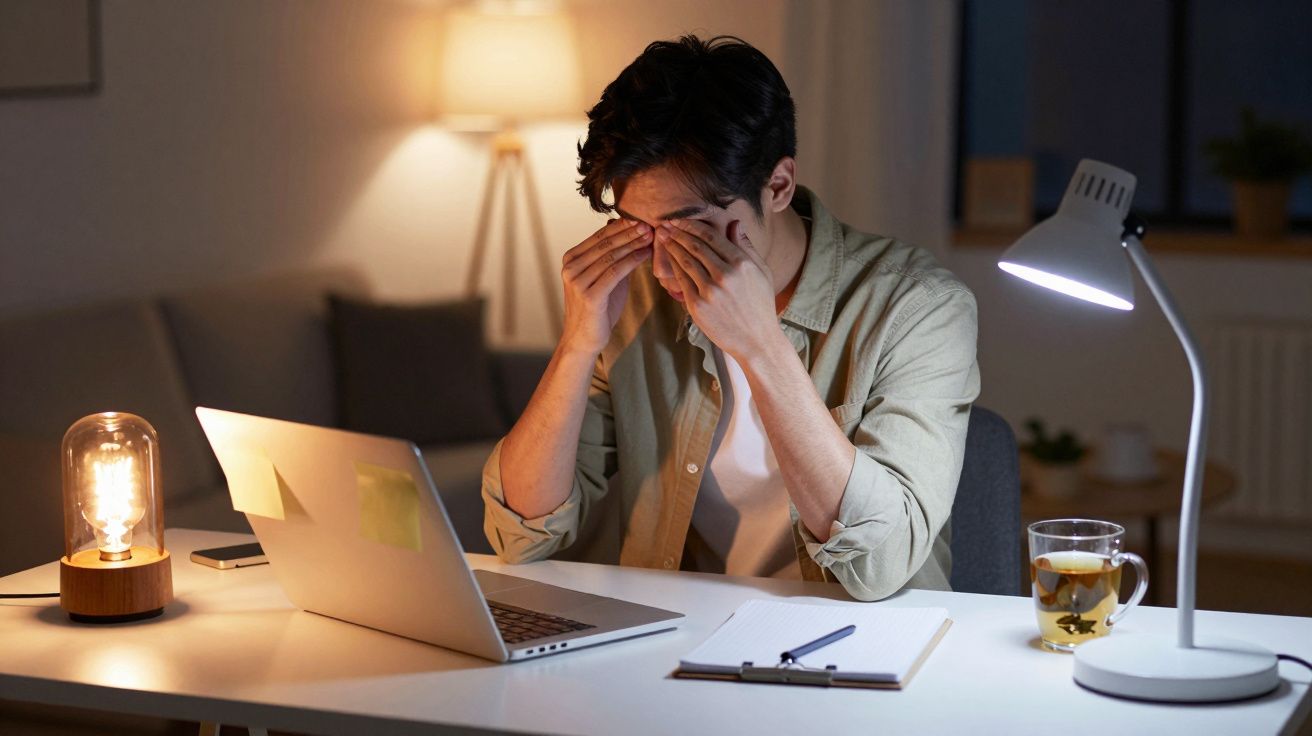 Homem cansado esfrega os olhos sentado à secretária com computador portátil e candeeiro ligado.