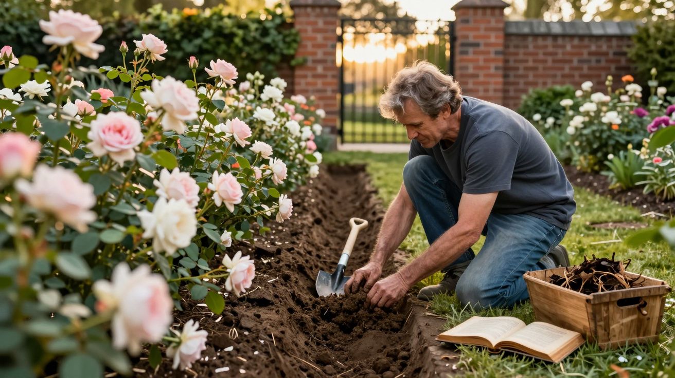 Homem a cuidar do jardim, a plantar flores num canteiro de rosas com flores cor-de-rosa e branca.