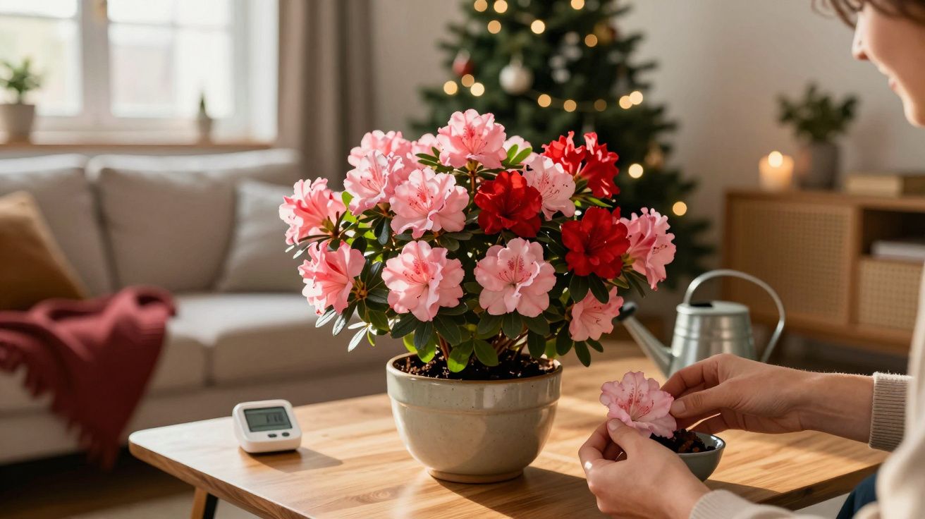 Pessoa a cuidar de uma planta com flores rosas e vermelhas numa sala decorada com árvore de Natal.