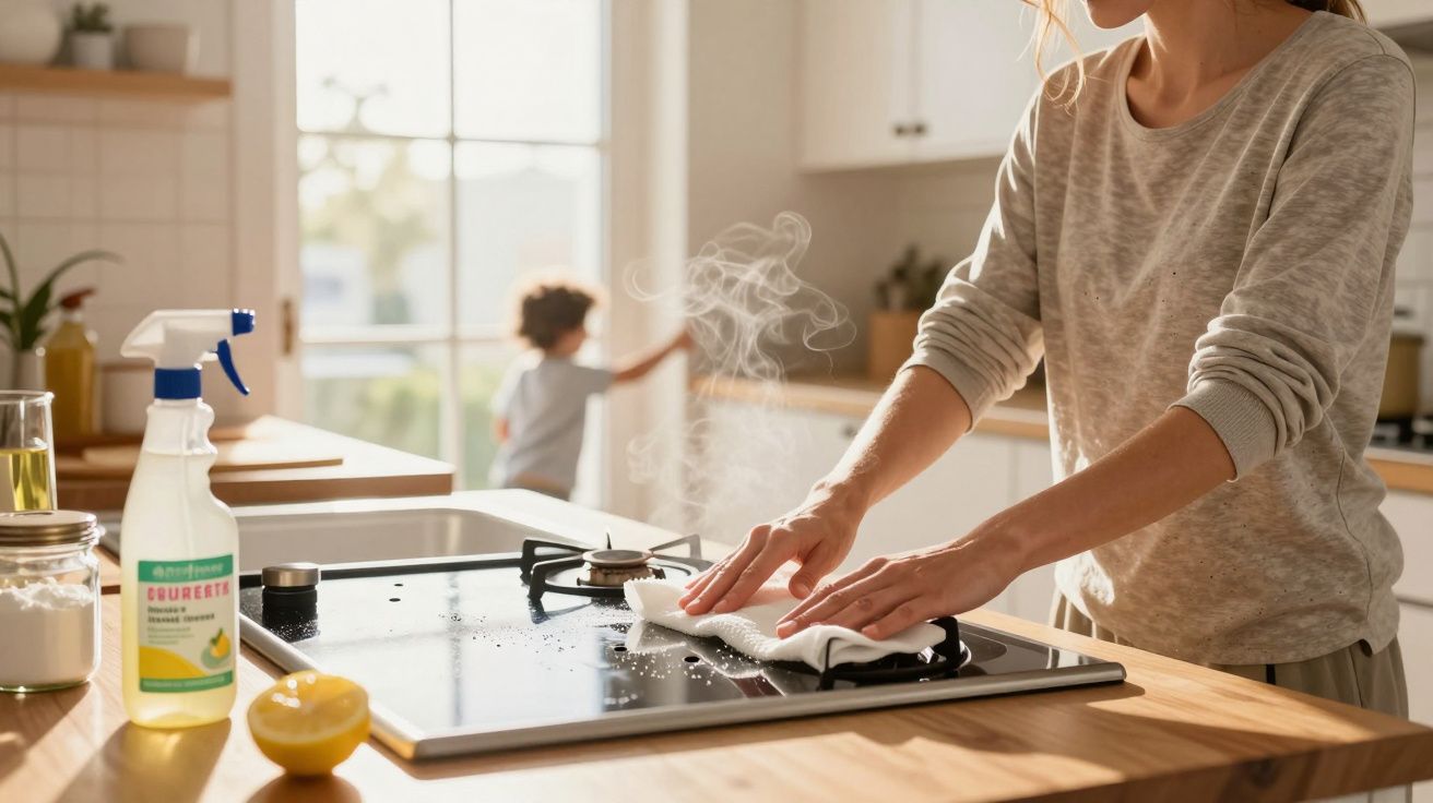 Pessoa a limpar placa de fogão a gás com produto de limpeza e criança ao fundo na cozinha iluminada