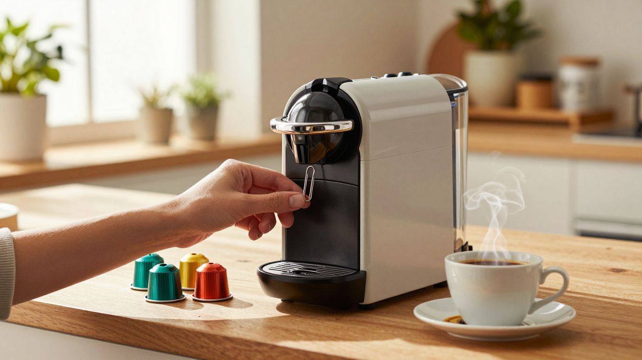 Pessoa a colocar cápsula numa máquina de café expresso numa cozinha moderna.